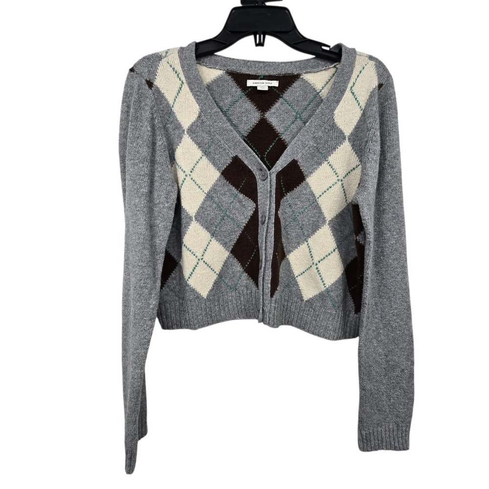 American Eagle Cropped Argyle Cardigan Womens L Gray Brown Green Preppy Classic